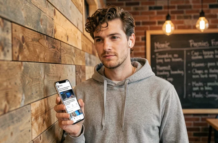 Jeune professionnel du digital consultant l'actualité numérique sur son smartphone dans un espace de coworking créatif