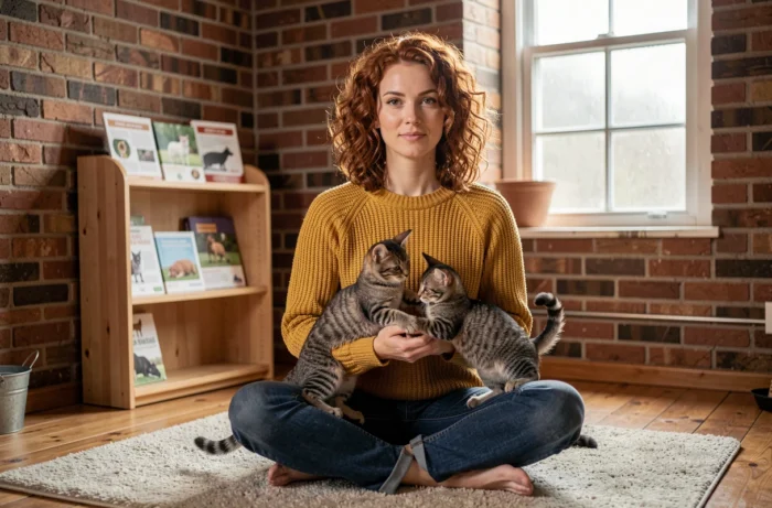 Femme jouant avec des chatons dans un refuge animalier, mettant en avant l'adoption et le bien-être animal