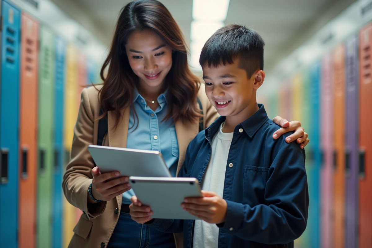 Personnel de support informatique aidant un élève avec une tablette