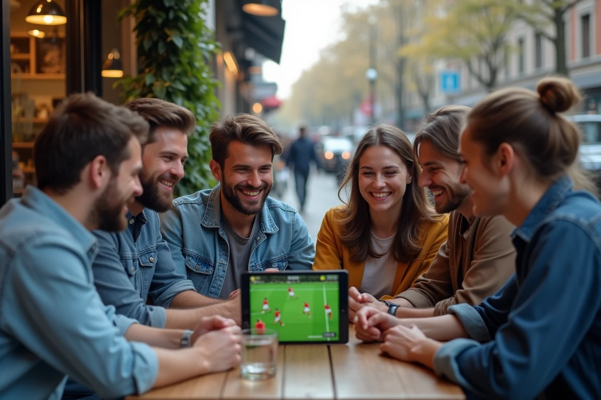 Groupe d amis regardant un match de football sur une tablette en terrasse