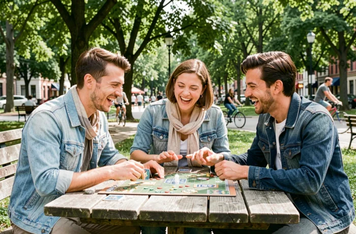 Groupe d'amis jouant à un jeu de société en plein air dans un parc urbain, moment de détente et de convivialité