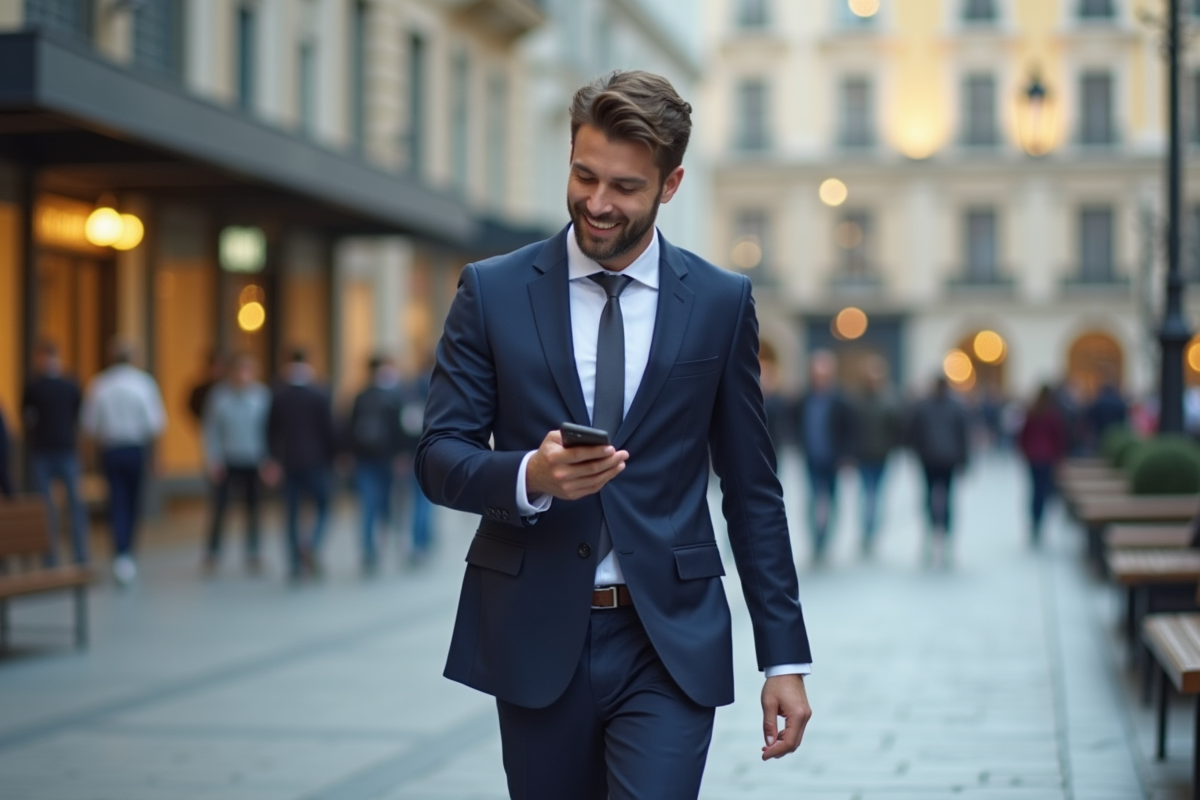 Jeune animateur de télévision dans une place urbaine animée