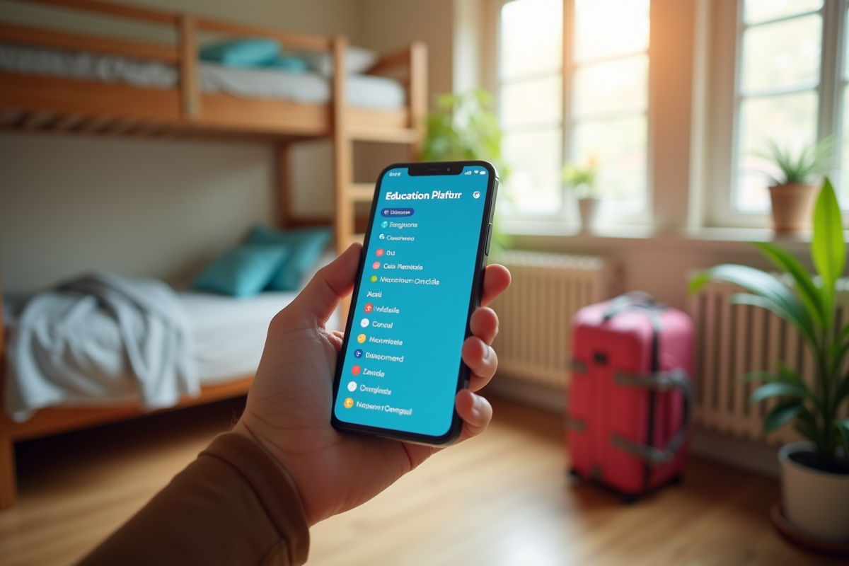 Smartphone affichant une plateforme éducative multilingue dans une chambre d