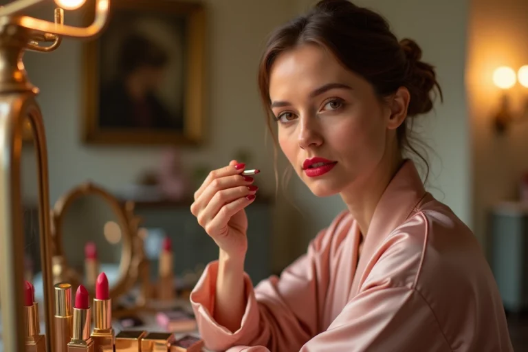 Femme appliquant un rouge à lèvres rouge classique devant une coiffeuse vintage entourée de produits de beauté de luxe