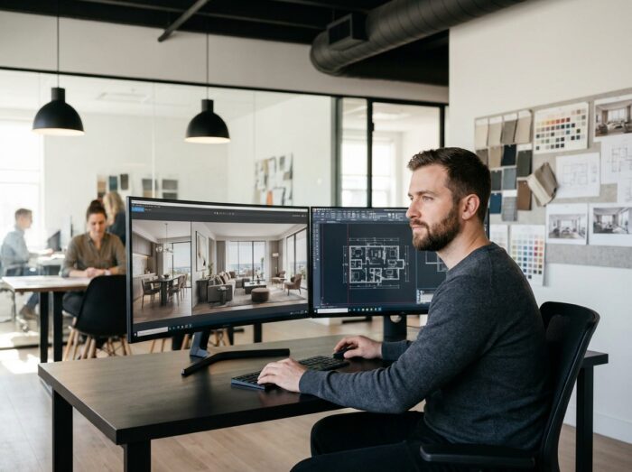 Architecte d'intérieur junior travaillant sur des rendus 3D et un logiciel CAO dans une agence moderne