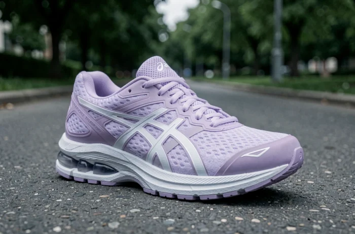 ASICS Gel-Pulse 15 femme sur trottoir urbain avec fond de parc flou en arrière-plan