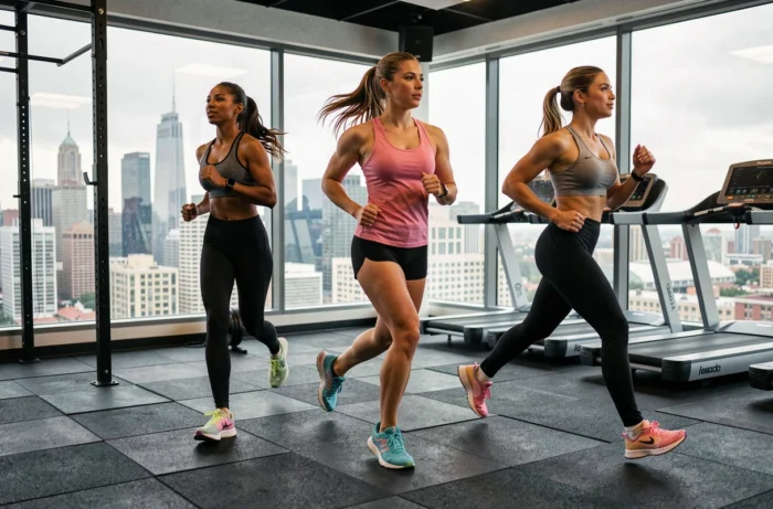 Trois femmes actives portant des baskets de fitness colorées dans une salle de sport moderne