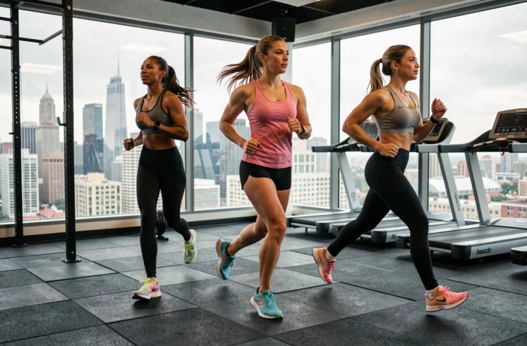 Trois femmes actives portant des baskets de fitness colorées dans une salle de sport moderne