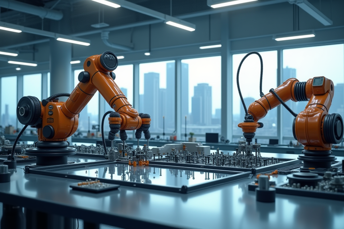Bras robotique assemblant des appareils électroniques avancés