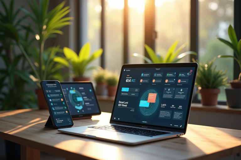Bureau moderne avec ordinateur et plantes pour productivite