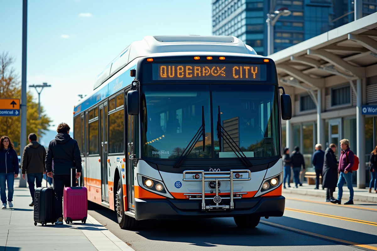 Bus moderne avec voyageurs à la station pour un trajet vers Quebec et Montreal