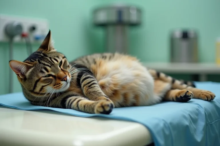 Chat adulte tabby avec ventre gonflé allongé sur une table d'examen vétérinaire