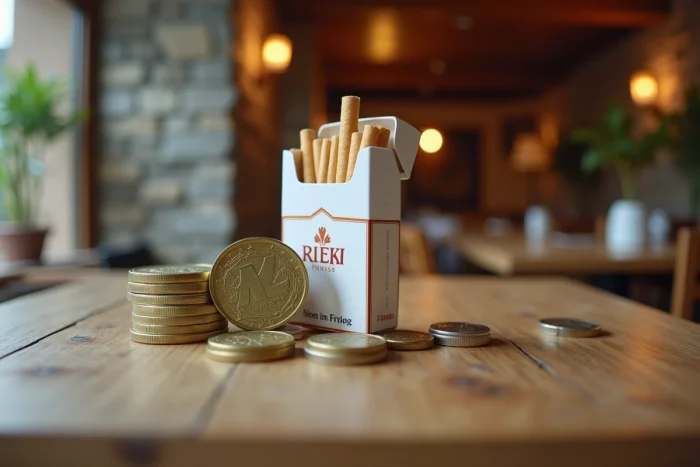 Pièces de francs suisses et d'euros posées à côté d'un paquet de cigarettes sur une table en bois, illustrant la comparaison des prix entre la Suisse et la zone euro