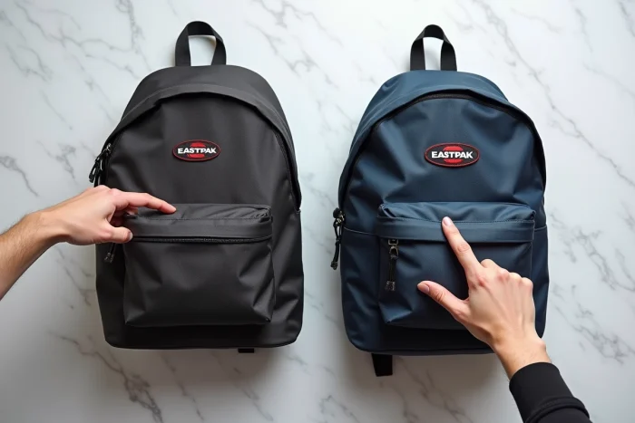 Comparaison côte à côte d'un vrai sac Eastpak et d'un faux, avec focus sur les coutures et le logo pour identifier la contrefaçon