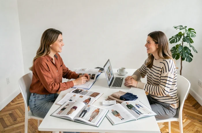 Deux femmes discutant des tendances mode et conseils vestimentaires autour de lookbooks dans un appartement