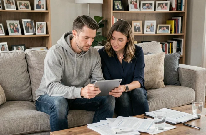 Couple recherchant des conseils familiaux en ligne sur une tablette dans leur salon