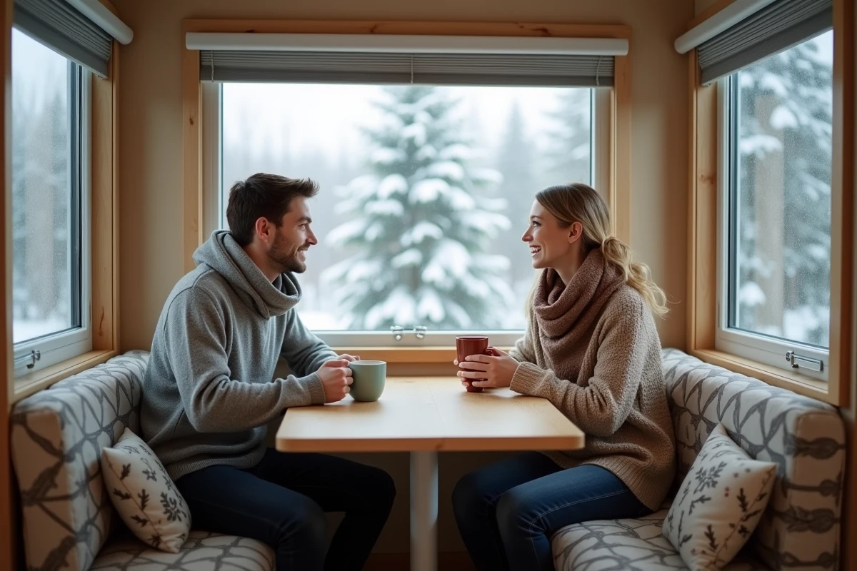 Jeune couple appliquant film isolant sur une grande fenêtre