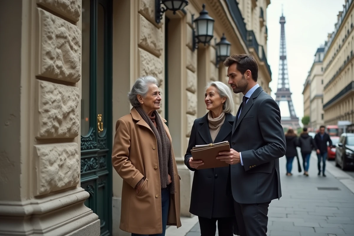Couple français discutant avec un conseiller devant un bâtiment haussmannien