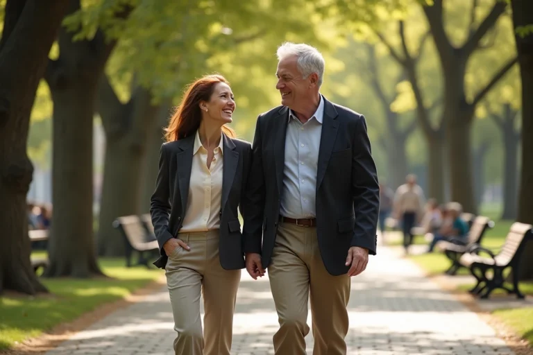 Couple mature et élégant se promenant dans un parc urbain, illustrant la vie privée et la relation sentimentale de Ron Perlman