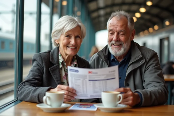 Couple de seniors en gare consultant leur itinéraire et leur carte SNCF senior autour d'un café avant leur voyage en train