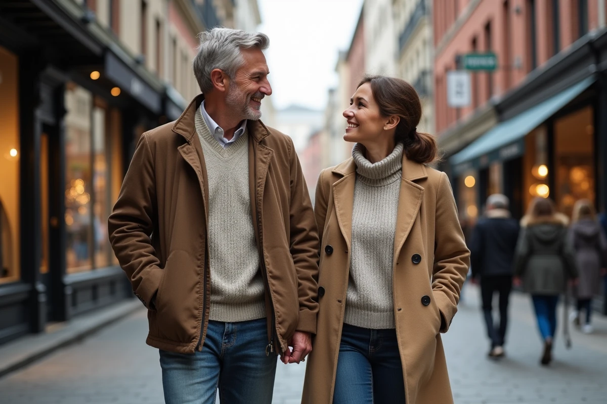 Couple marchant dans une rue commerçante avec pulls et vestes légères