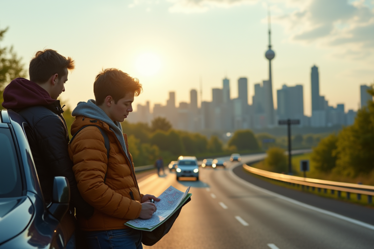 Jeune couple planifiant leur voyage avec la ville de Montreal en arrière-plan