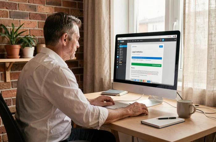 Homme créant un site web avec une section mentions légales visible sur l'écran dans un bureau à domicile