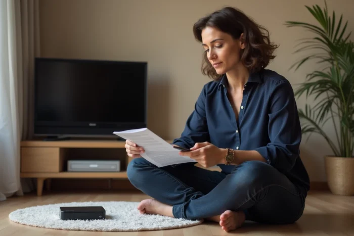 Une femme consultant un guide de dépannage pour son décodeur Fransat avec la télécommande en main