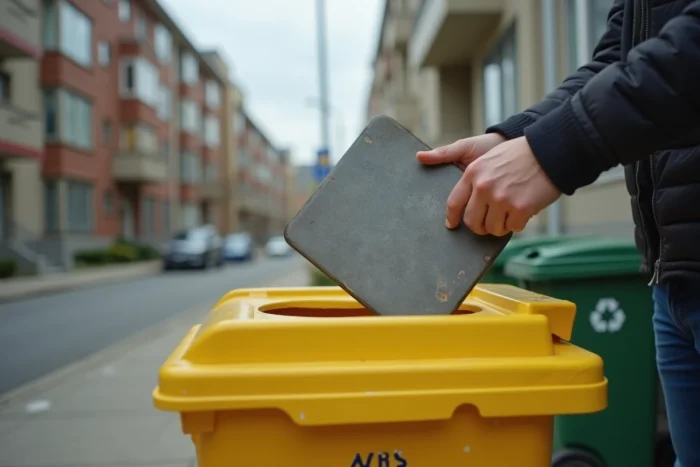 Mains masculines déposant une vieille planche à découper en plastique dans une poubelle de recyclage sur un trottoir urbain