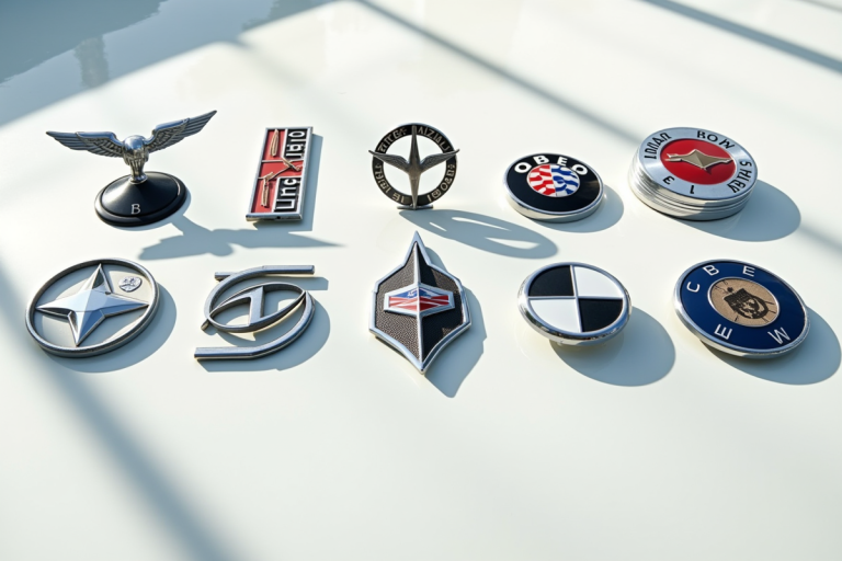 Collection d'emblemes de voitures rares sur fond blanc brillant