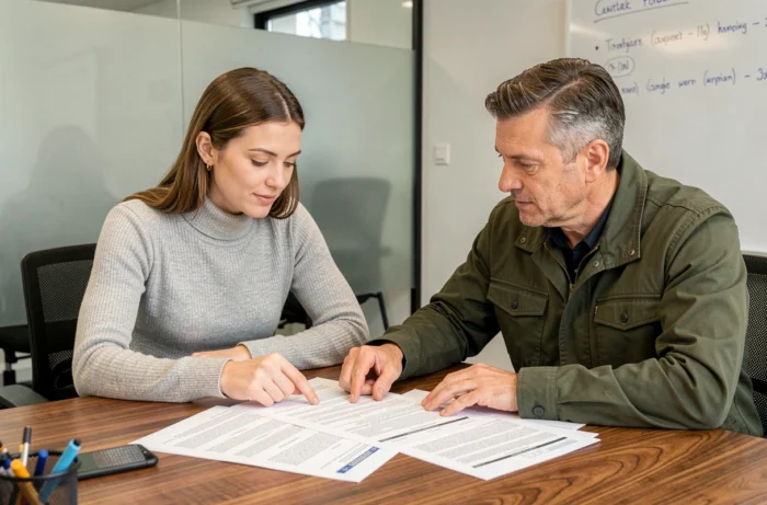 Deux collègues analysant des documents juridiques de conformité pour un site web en salle de réunion