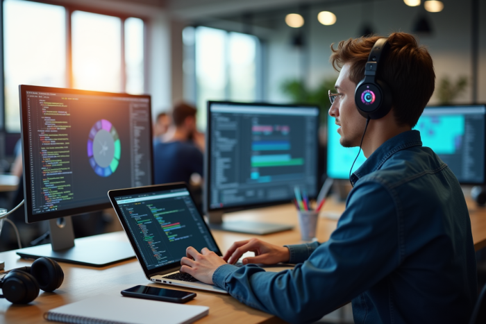 Jeune professionnel dans un espace de coworking moderne utilisant des appareils numériques