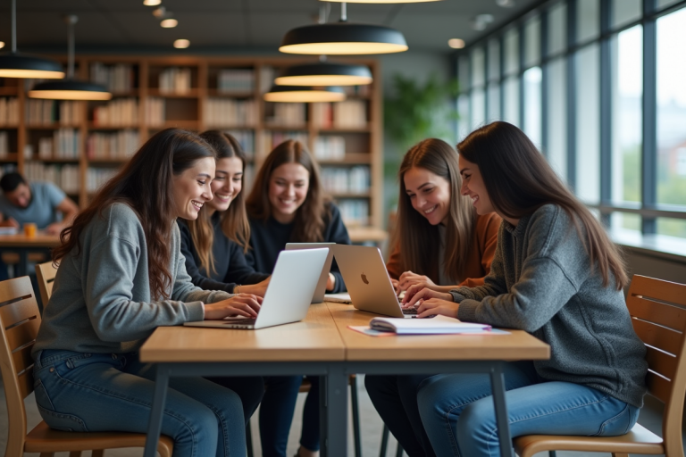Groupe d'étudiants en bibliothèque universitaire travaillant ensemble