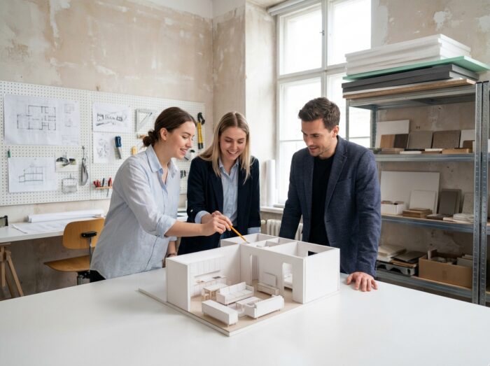 Groupe d'étudiants en design d'intérieur discutant autour d'une maquette dans un atelier universitaire