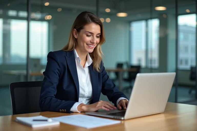 Femme d'affaires concentrée travaillant sur un ordinateur dans un bureau moderne