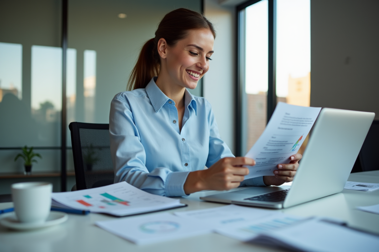Femme d'affaires souriante utilisant une tablette dans un bureau moderne