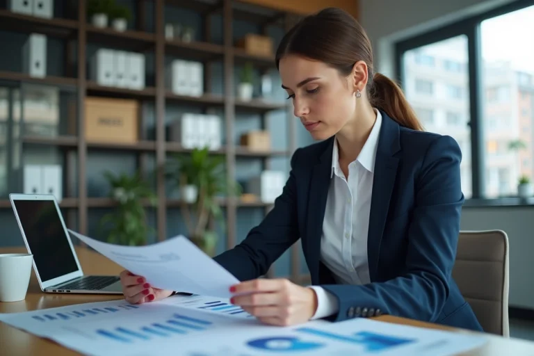 Femme professionnelle analysant des graphiques immobiliers