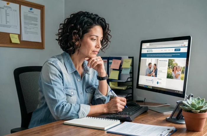 Femme prenant des notes sur les services en ligne dédiés à la famille dans un bureau à domicile