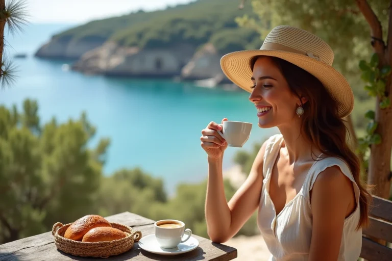 Femme en linen et chapeau de soleil dans un café corse