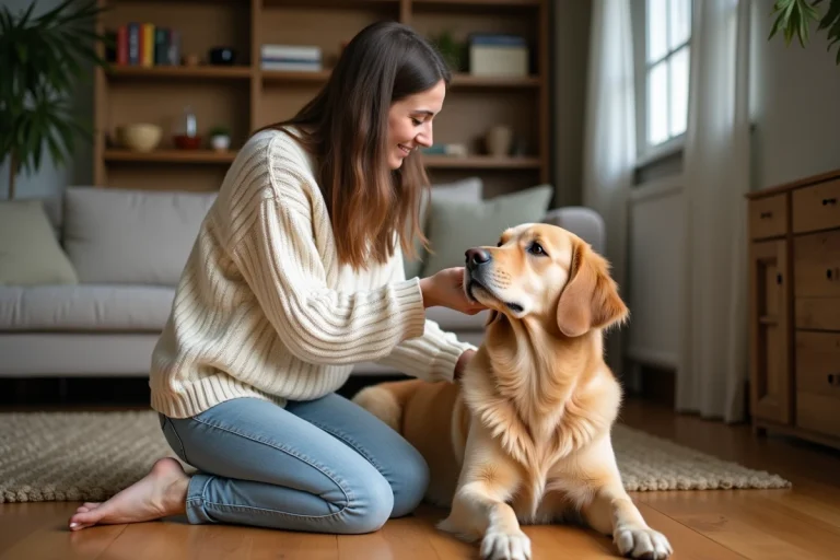 Femme câlinant affectueusement son golden retriever dans un salon chaleureux, illustration des conseils pour mieux comprendre son animal de compagnie