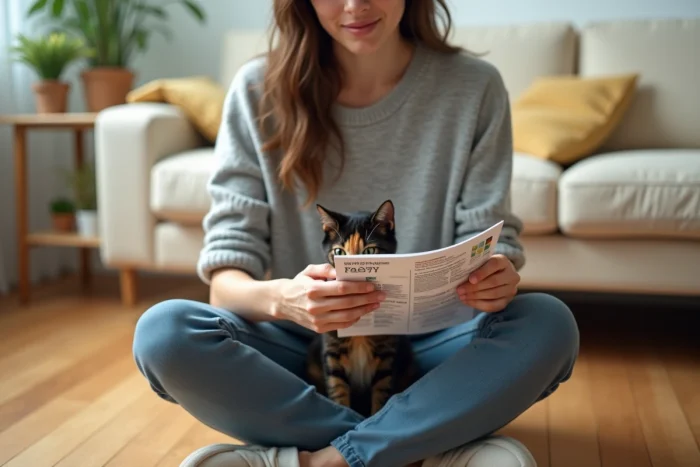 Femme tenant un chat écaille-de-tortue dans ses bras en lisant une notice sur la contraception féline à domicile