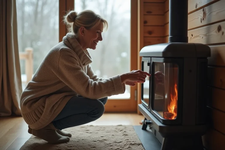 Femme ajustant le thermostat devant un chauffage gaz dans un mobile home