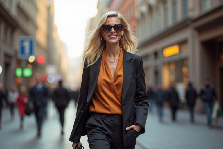 Femme confiante en ville avec blazer et accessoires