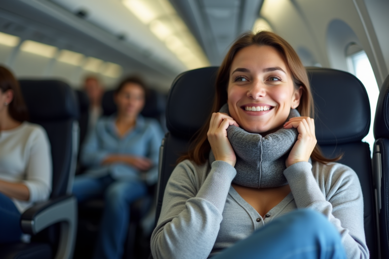 Femme détendue avec coussin de voyage dans un avion