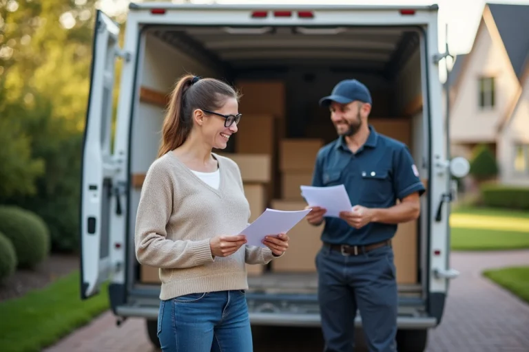 Femme souriante discutant avec un déménageur devant un camion