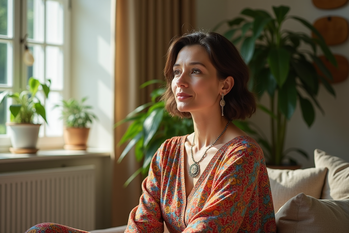 Femme sereine dans un salon lumineux avec plantes