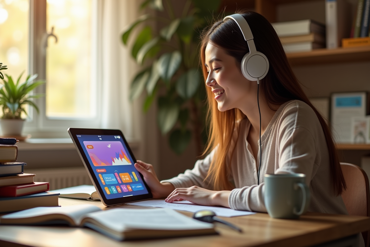 Jeune femme étudiant chez elle avec tablette et sourire