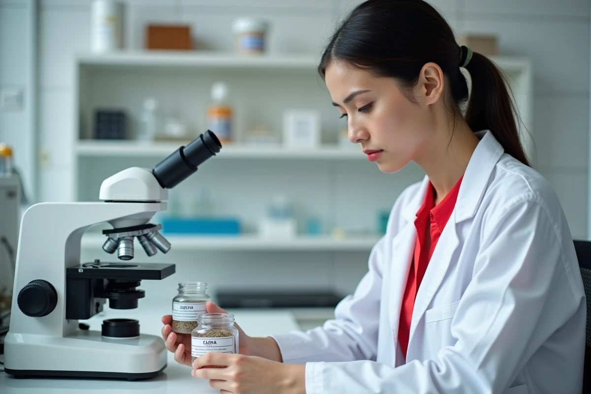 Jeune femme inspectant des échantillons d