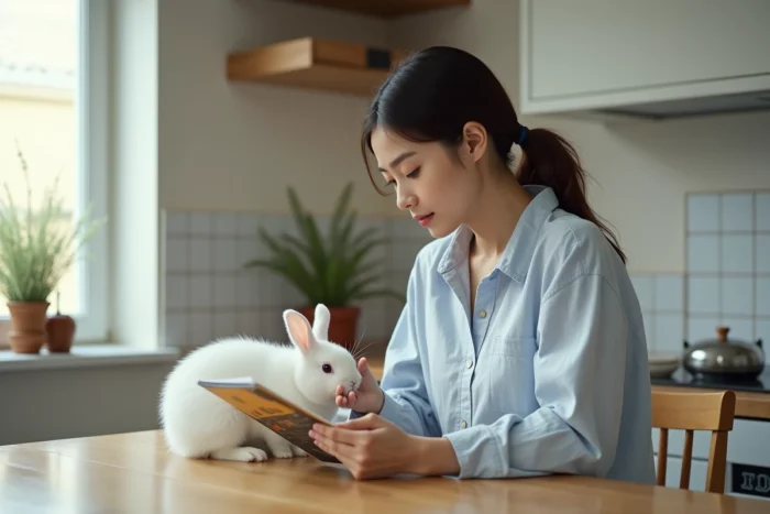 Jeune femme lisant un guide sur les soins animaliers avec son lapin blanc posé sur une table de cuisine, astuces pour comprendre son animal de compagnie