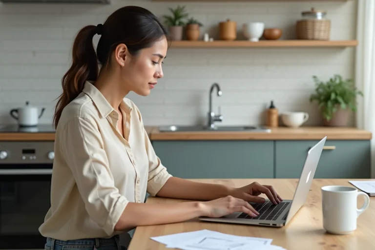 Femme assise à la cuisine télécharge un reçu numérique